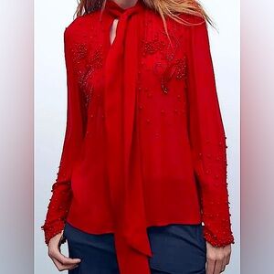 ❤️ Zara Women's Limited Edition Red Embroidered Beaded Tie Collar Blouse XS